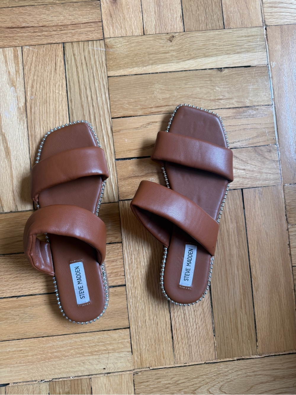 Steve Madden Brown Double Strap Slide Sandals with Stud Trim